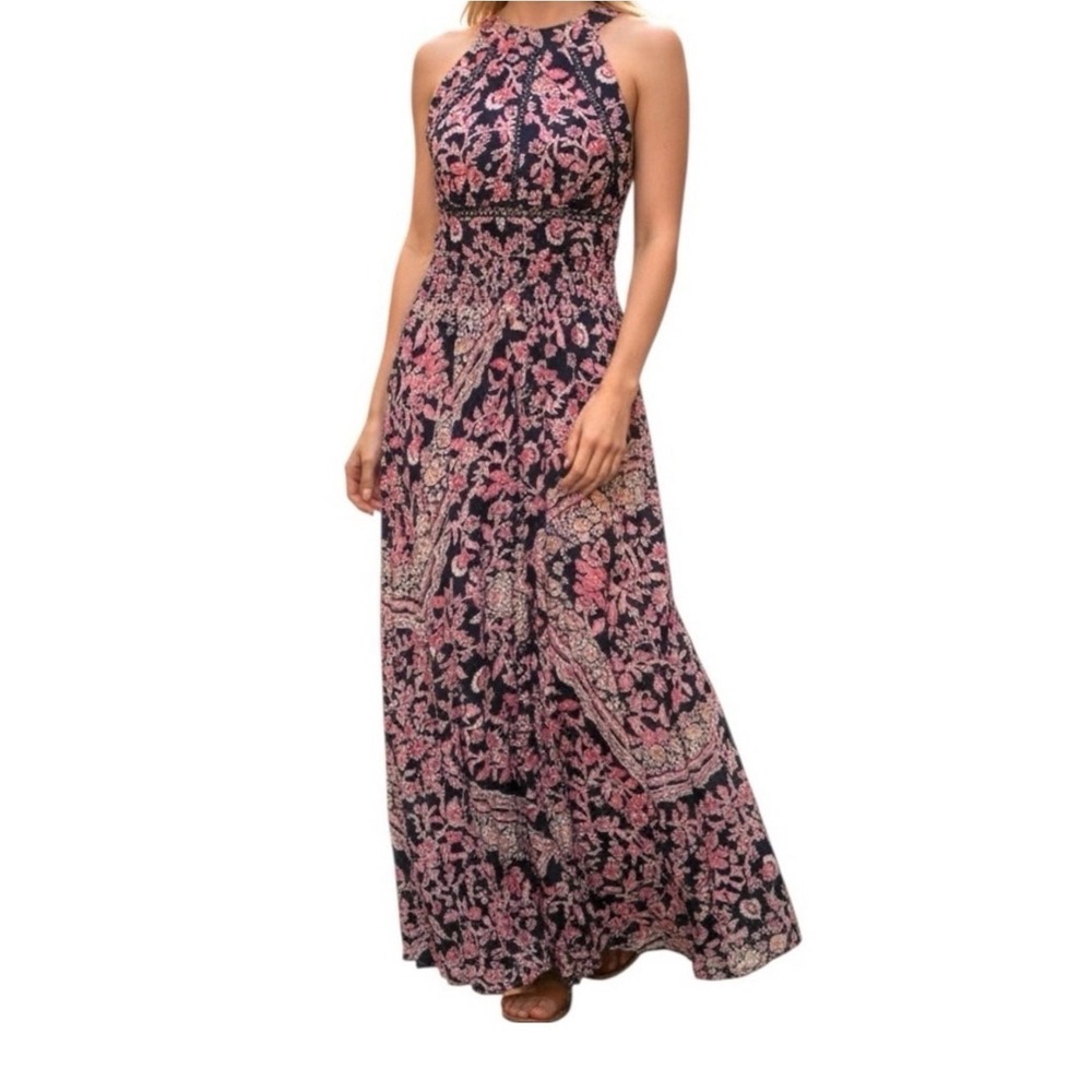 Abel the Label Anthropologie Vienna Maxi Halter Dress Size M Pink Flora Boho